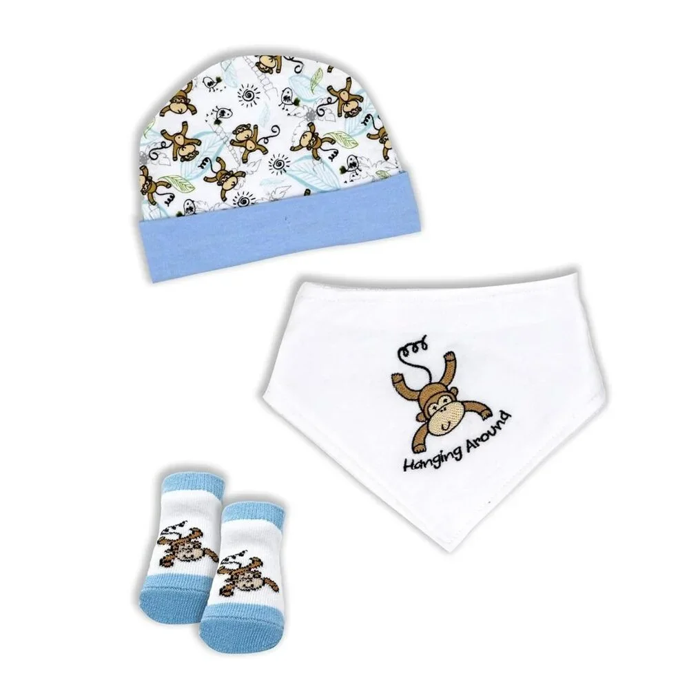 Baby Mode Blue Monkey Beanie, Bib and Socks Set, 3 Pieces - 0-6 Mos